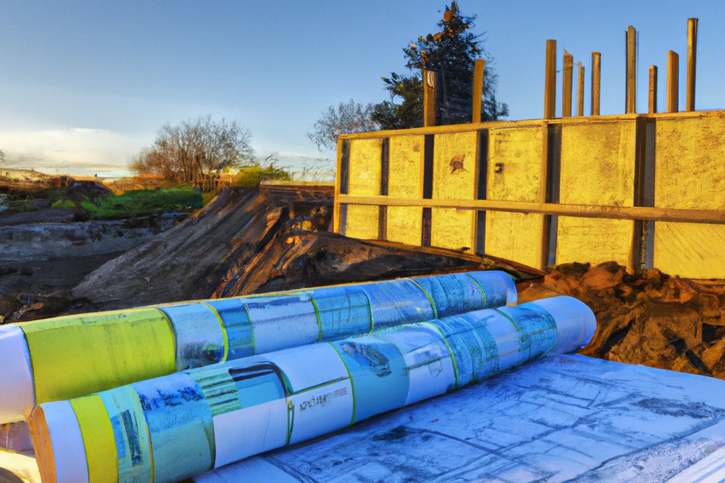 Construction site and blueprints representing land development in New Jersey